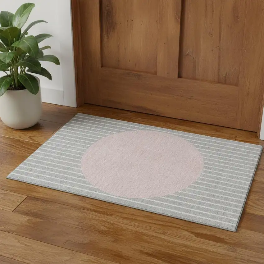 Silver Ivory And Pink Striped Washable Area Rug With UV Protection Photo 1
