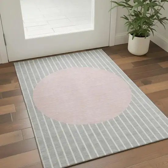 Silver Ivory And Pink Striped Washable Area Rug With UV Protection Photo 2