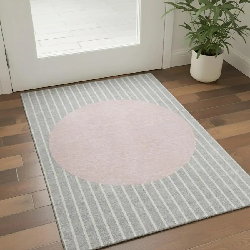 Silver Ivory And Pink Striped Washable Area Rug With UV Protection Photo 2