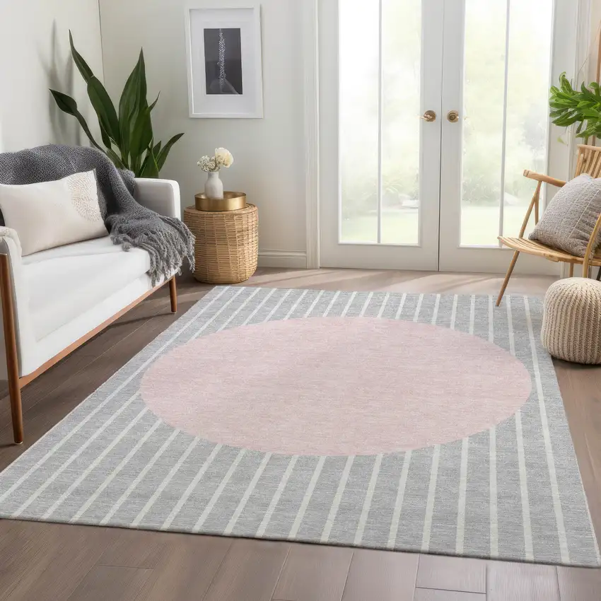 Silver Ivory And Pink Striped Washable Area Rug With UV Protection Photo 5