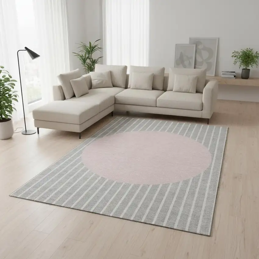 Silver Ivory And Pink Striped Washable Area Rug With UV Protection Photo 2