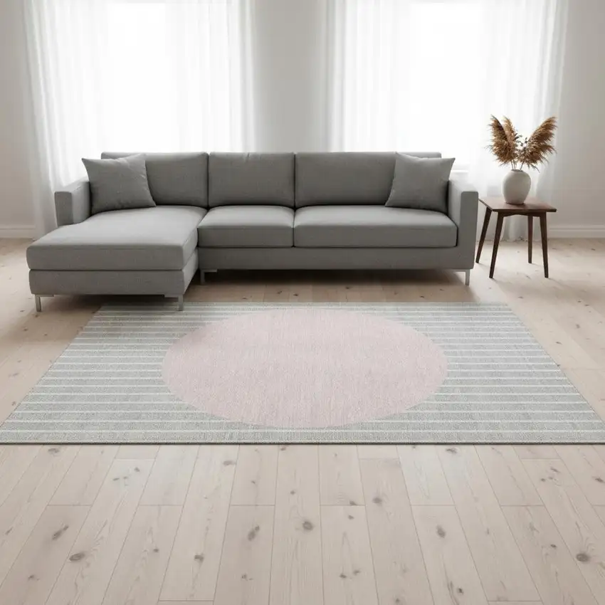 Silver Ivory And Pink Striped Washable Area Rug With UV Protection Photo 2