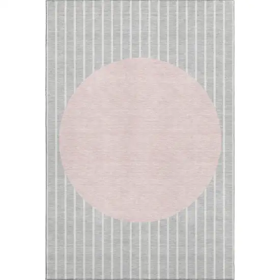 Silver Ivory And Pink Striped Washable Area Rug With UV Protection Photo 1