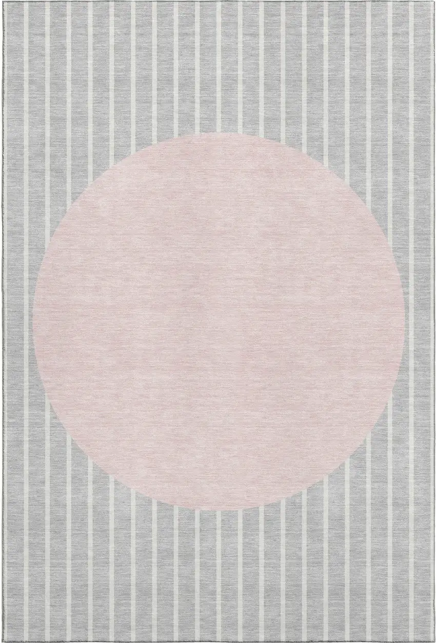 Silver Ivory And Pink Striped Washable Area Rug With UV Protection Photo 1
