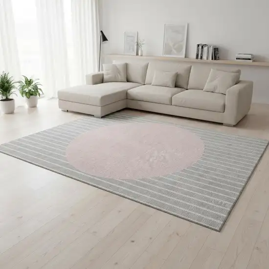 Silver Ivory And Pink Striped Washable Area Rug With UV Protection Photo 2