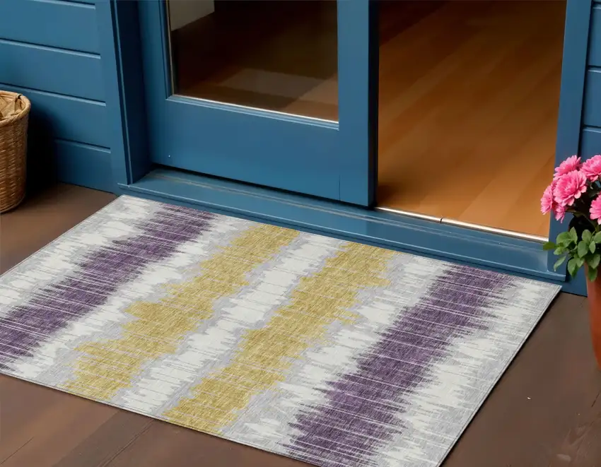 Silver Ivory And Purple Striped Washable Indoor Outdoor Area Rug Photo 1