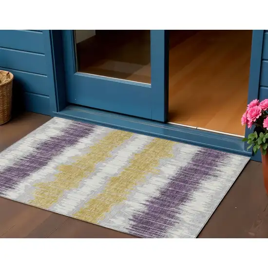 Silver Ivory And Purple Striped Washable Indoor Outdoor Area Rug Photo 1
