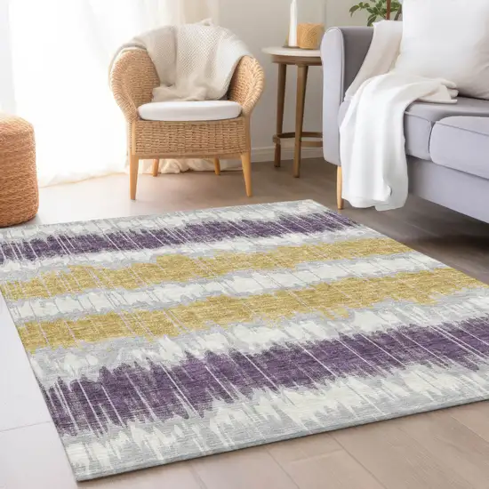Silver Ivory And Purple Striped Washable Indoor Outdoor Area Rug Photo 8