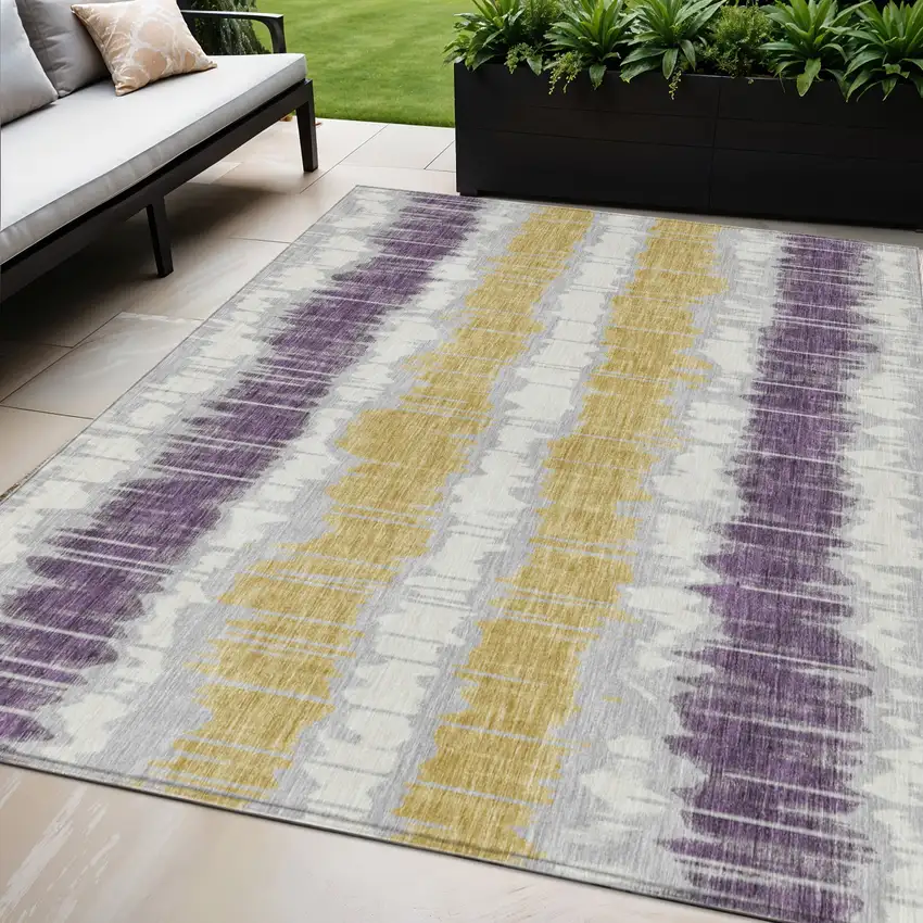Silver Ivory And Purple Striped Washable Indoor Outdoor Area Rug Photo 1