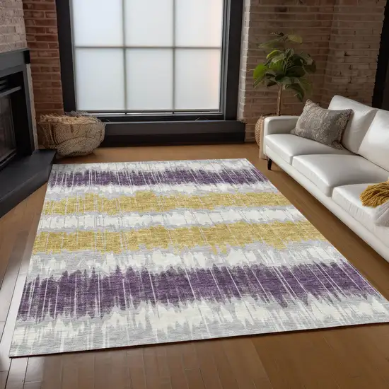 Silver Ivory And Purple Striped Washable Indoor Outdoor Area Rug Photo 9