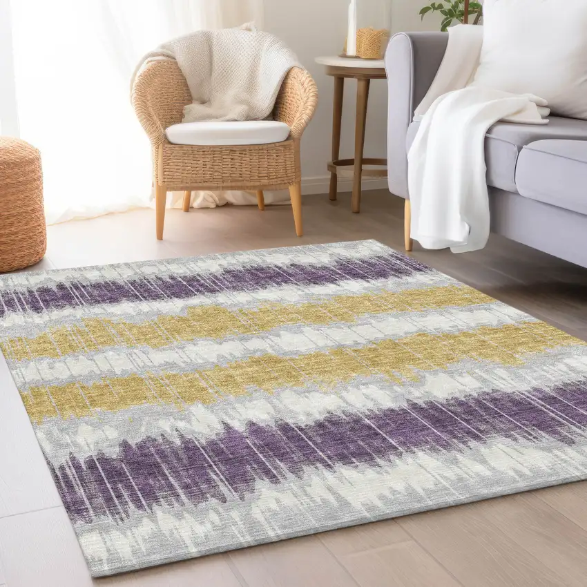 Silver Ivory And Purple Striped Washable Indoor Outdoor Area Rug Photo 9