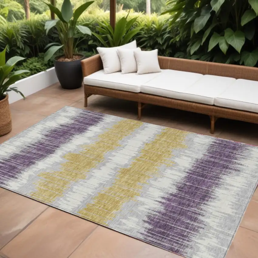 Silver Ivory And Purple Striped Washable Indoor Outdoor Area Rug Photo 1