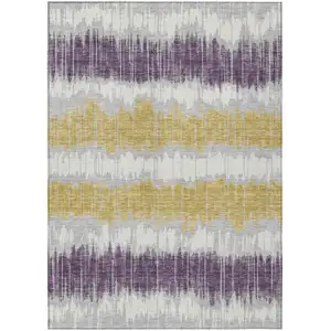 Photo of Silver Ivory And Purple Striped Washable Indoor Outdoor Area Rug