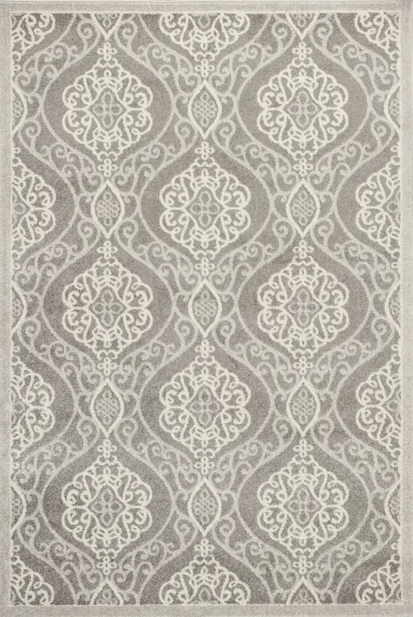 Silver Machine Woven UV Treated Floral Ogee Indoor Outdoor Area Rug Photo 1