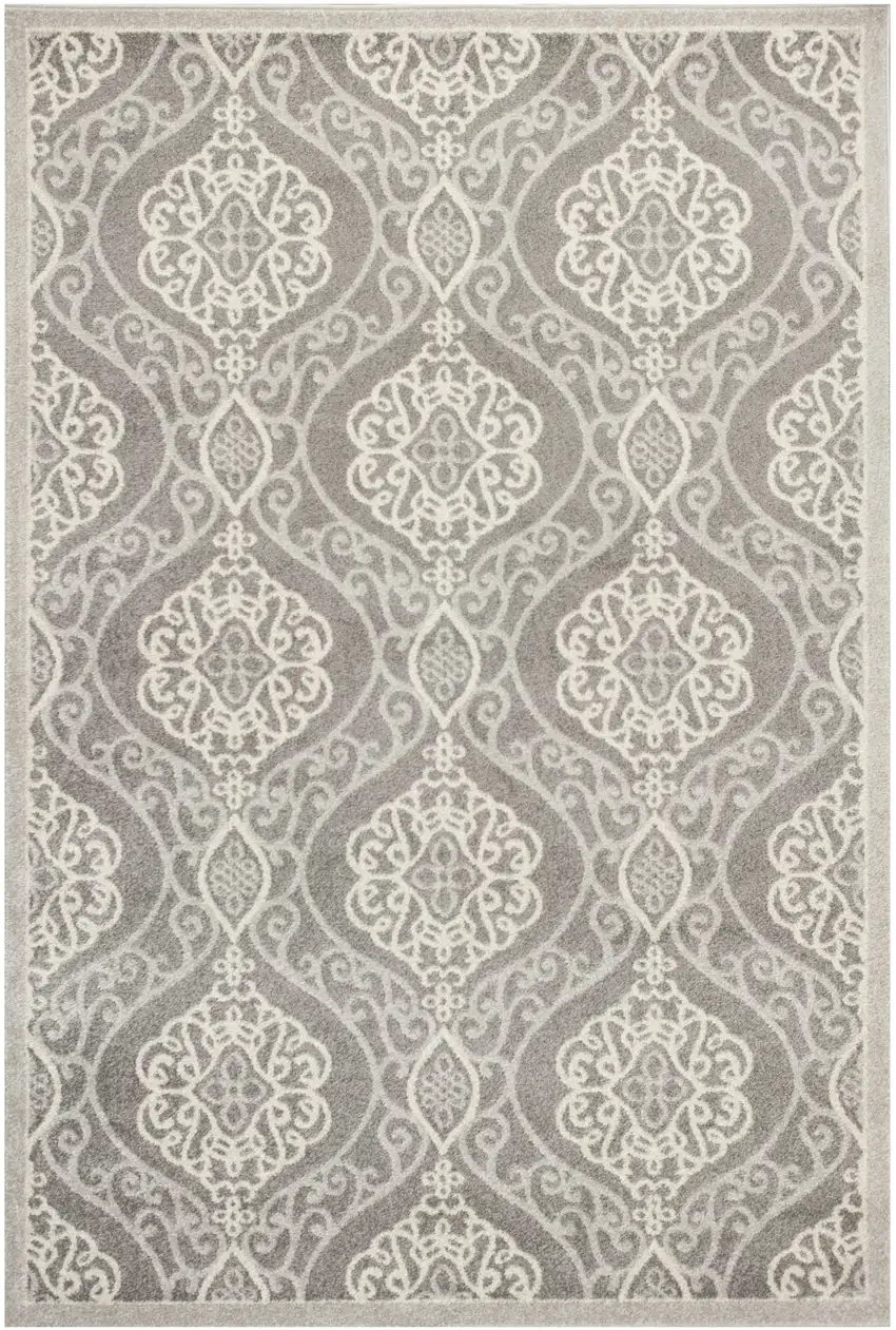 Silver Machine Woven Uv Treated Floral Ogee Indoor Outdoor Area Rug Photo 2