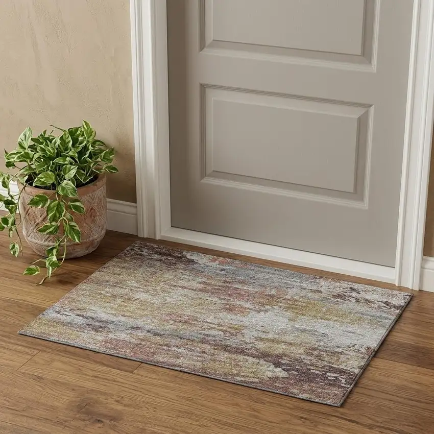 Silver Mauve And Gold Abstract Washable Area Rug With UV Protection Photo 1