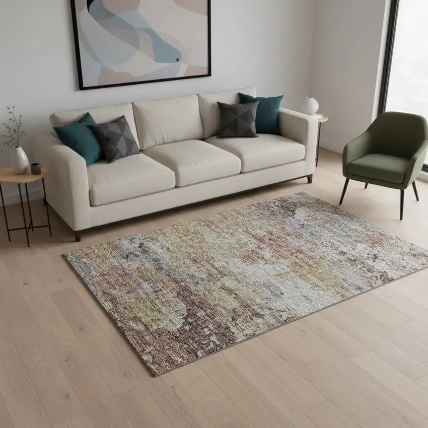 Silver Mauve And Gold Abstract Washable Area Rug With UV Protection Photo 1