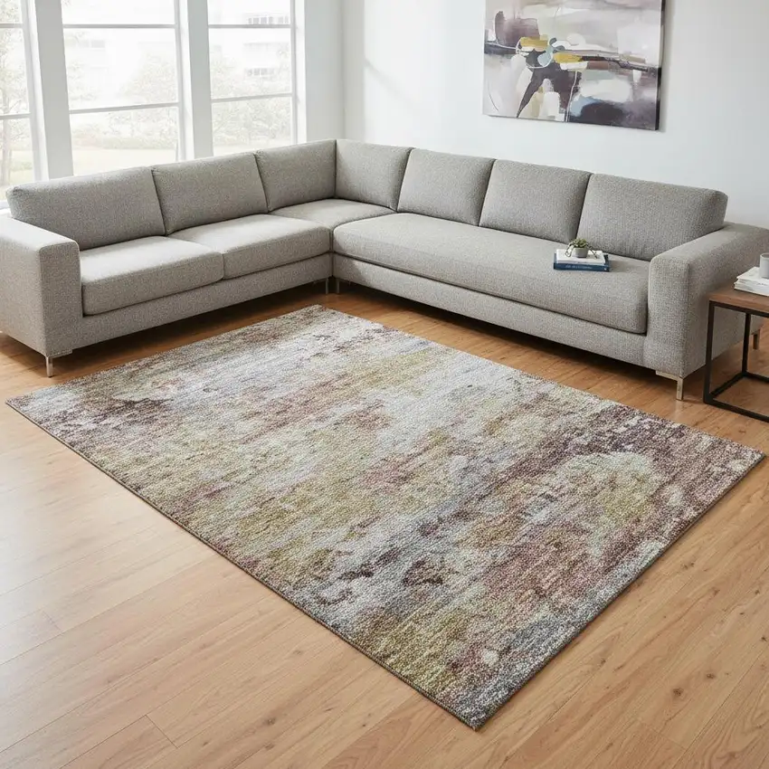 Silver Mauve And Gold Abstract Washable Area Rug With UV Protection Photo 1