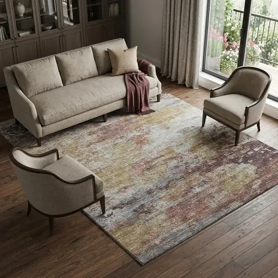 Silver Mauve And Gold Abstract Washable Area Rug With UV Protection Photo 1