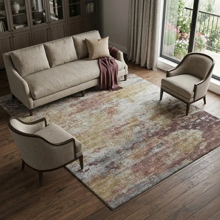 Silver Mauve And Gold Abstract Washable Area Rug With UV Protection Photo 1
