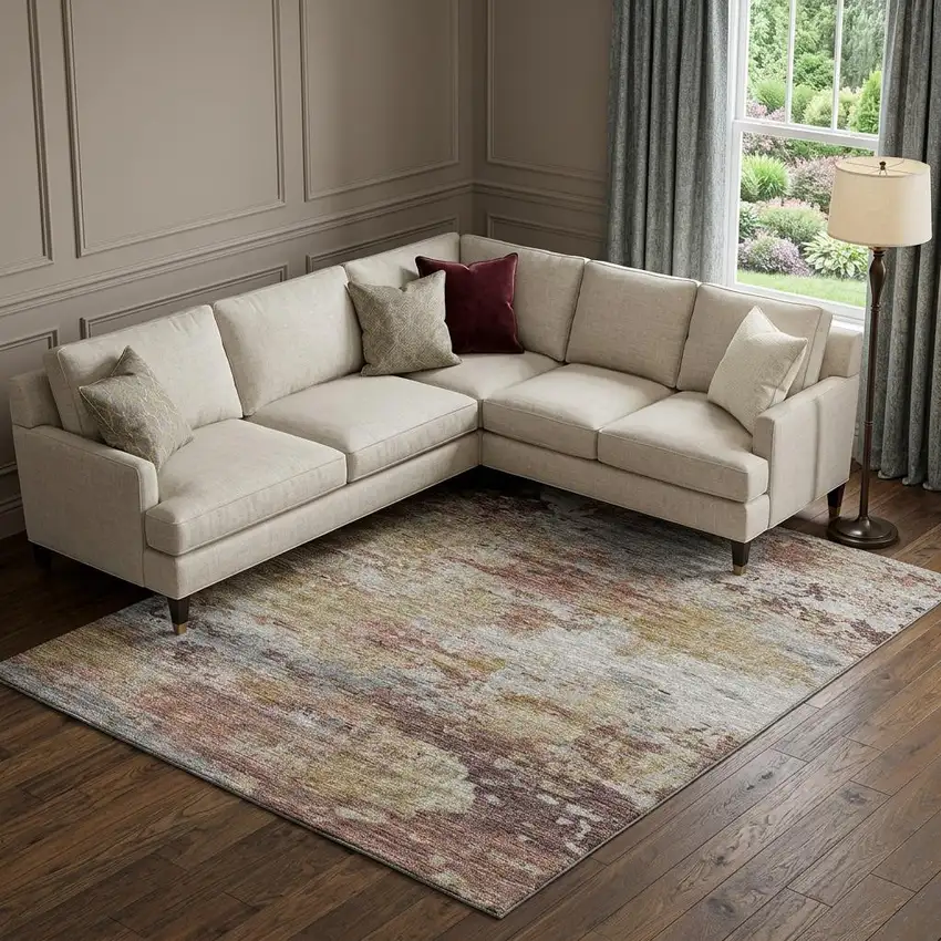 Silver Mauve And Gold Abstract Washable Area Rug With UV Protection Photo 1