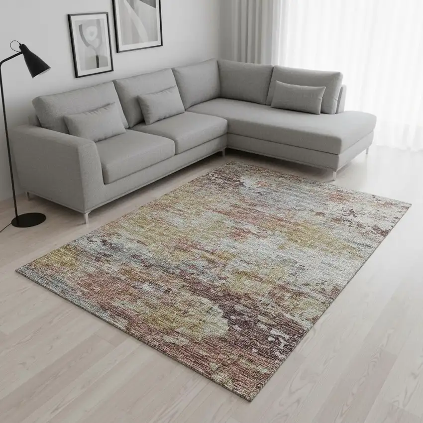 Silver Mauve And Gold Abstract Washable Area Rug With UV Protection Photo 1