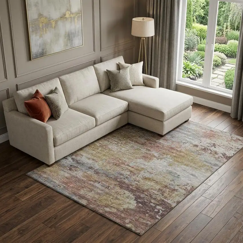 Silver Mauve And Gold Abstract Washable Area Rug With UV Protection Photo 1