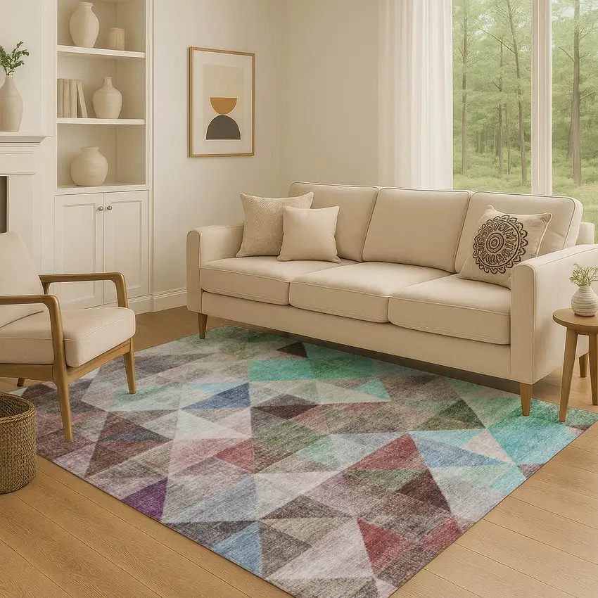 Silver Purple And Blue Geometric Washable Area Rug With UV Protection Photo 4