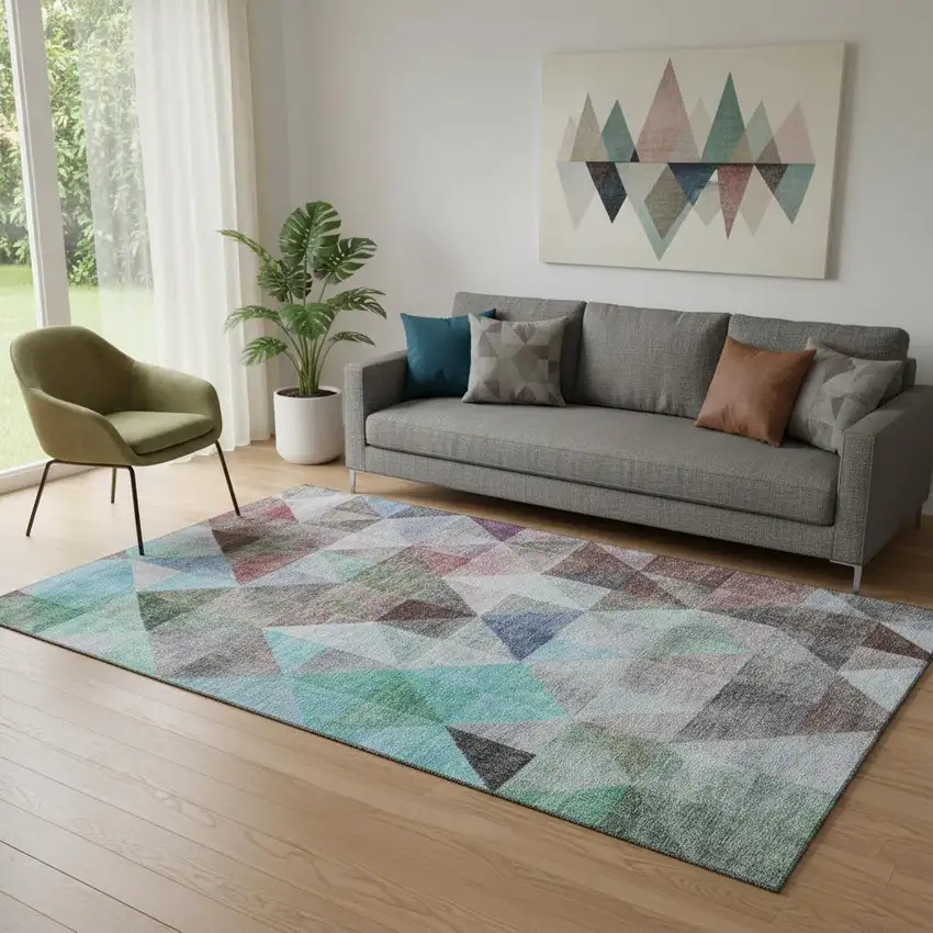 Silver Purple And Blue Geometric Washable Area Rug With UV Protection Photo 2