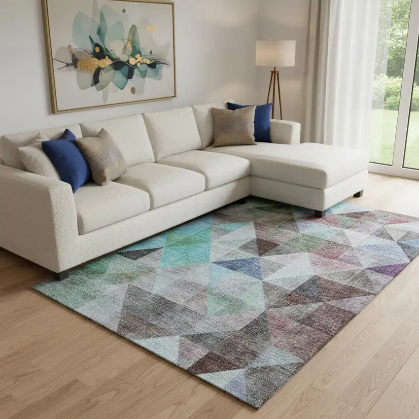 Silver Purple And Blue Geometric Washable Area Rug With UV Protection Photo 2