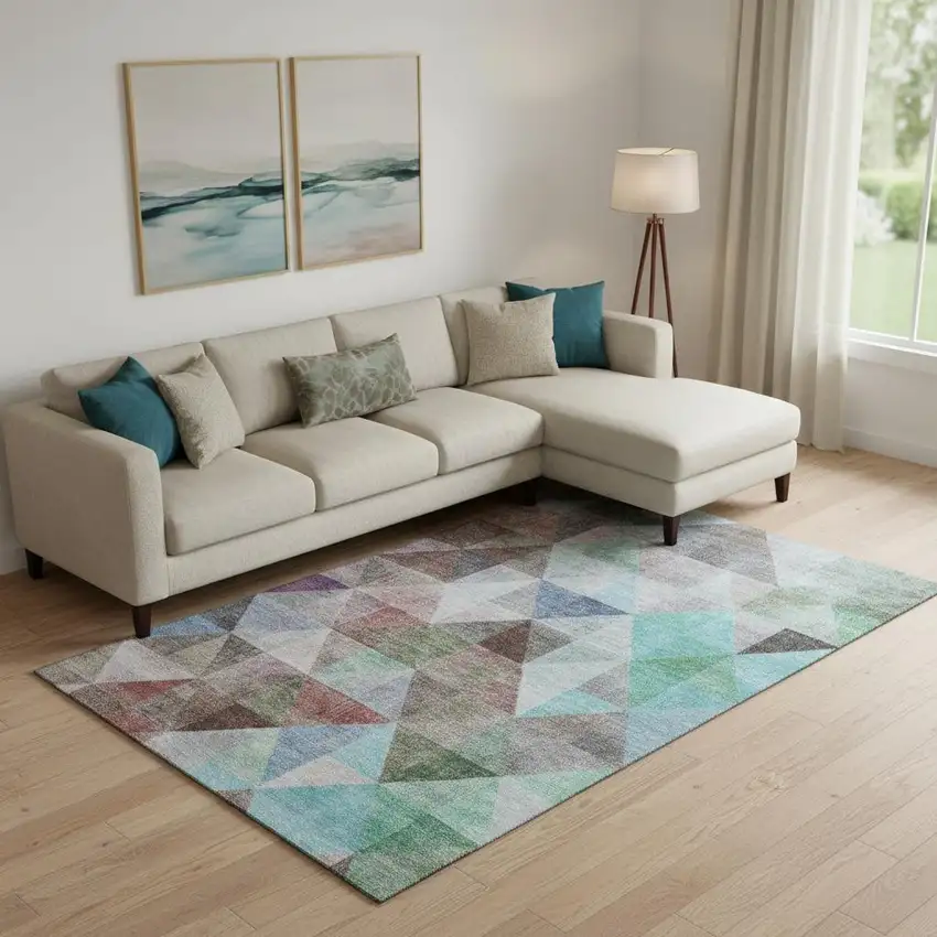 Silver Purple And Blue Geometric Washable Area Rug With UV Protection Photo 2