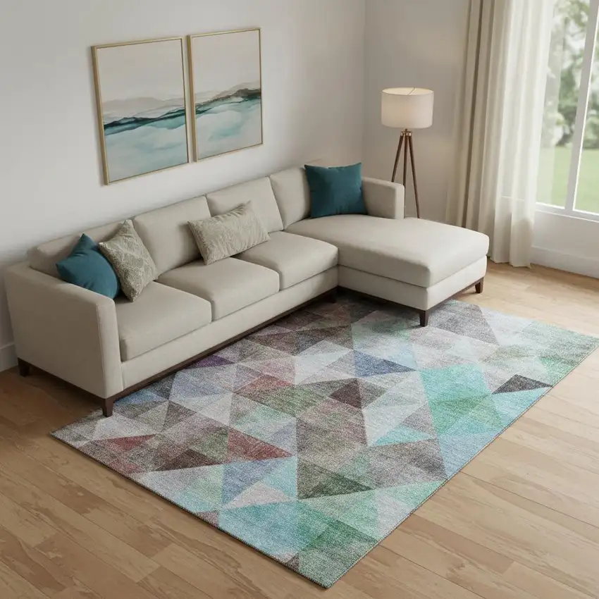 Silver Purple And Blue Geometric Washable Area Rug With UV Protection Photo 2