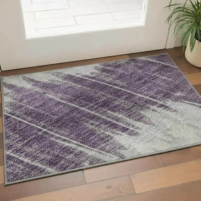 Silver Purple And Gold Striped Washable Area Rug With UV Protection Photo 2