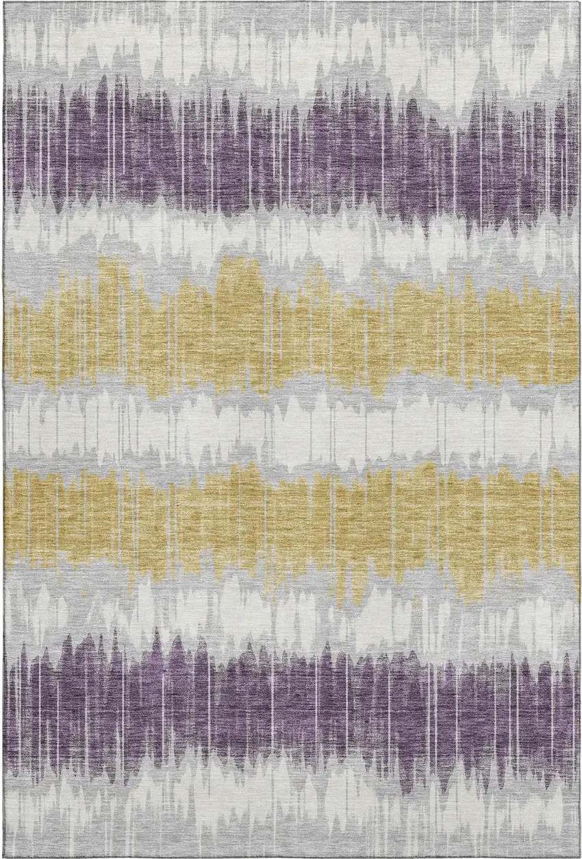 Silver Purple And Gold Striped Washable Area Rug With UV Protection Photo 5