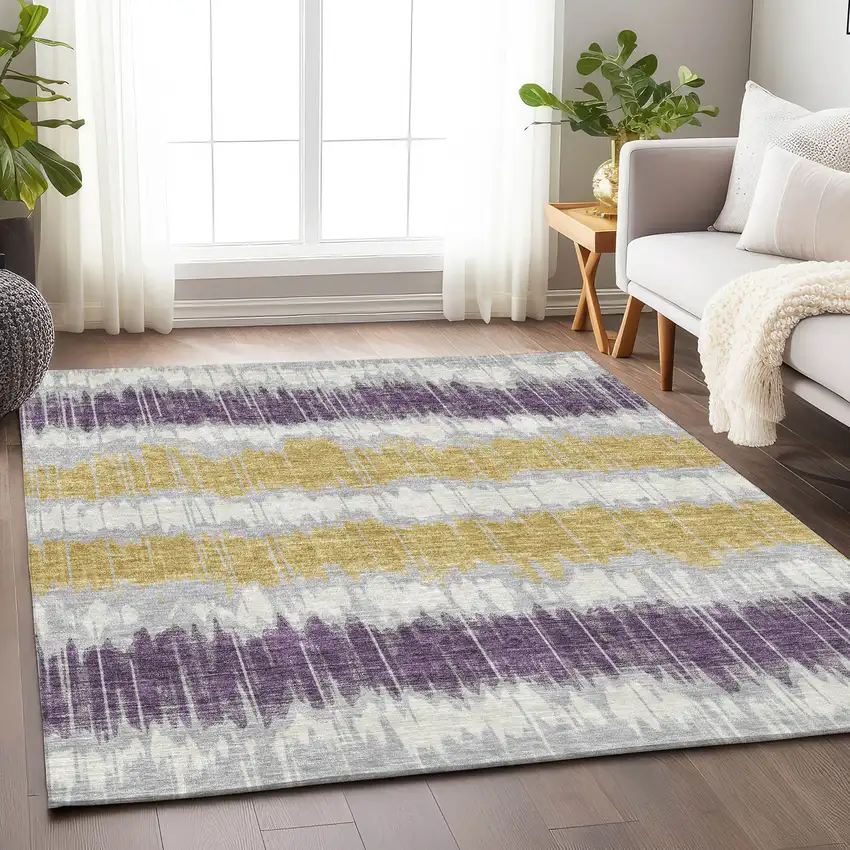 Silver Purple And Gold Striped Washable Area Rug With UV Protection Photo 3