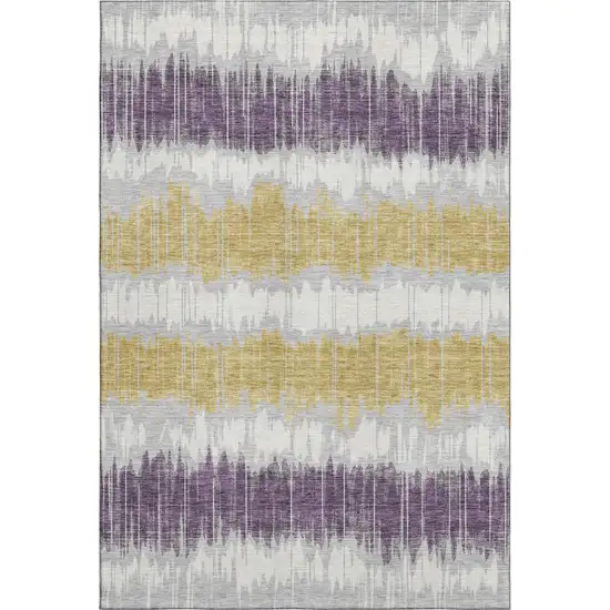 Silver Purple And Gold Striped Washable Area Rug With UV Protection Photo 6