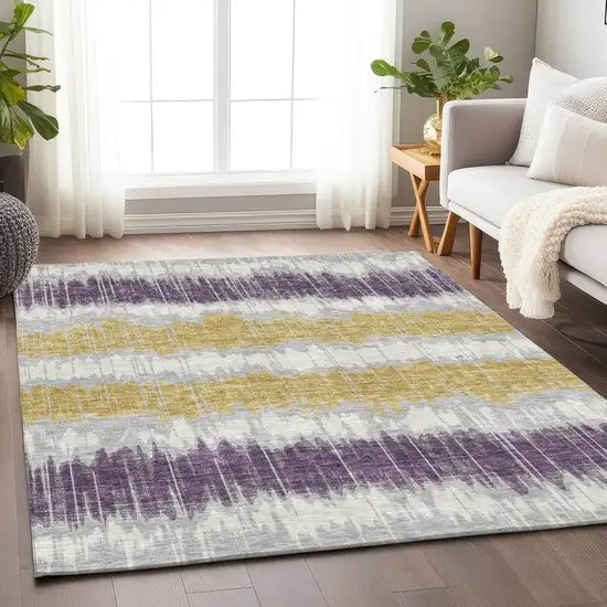 Silver Purple And Gold Striped Washable Area Rug With UV Protection Photo 4