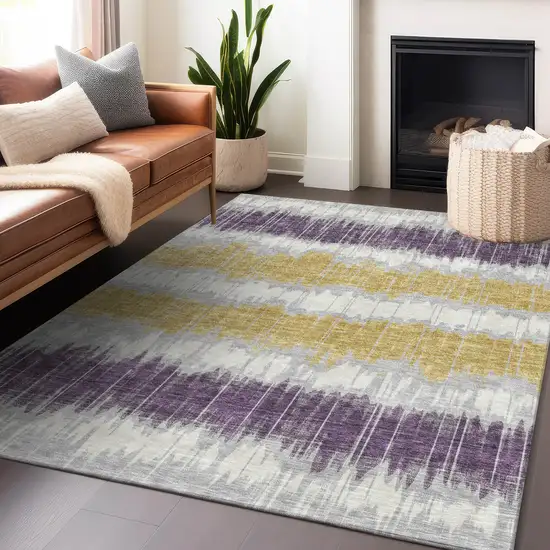Silver Purple And Gold Striped Washable Area Rug With UV Protection Photo 4
