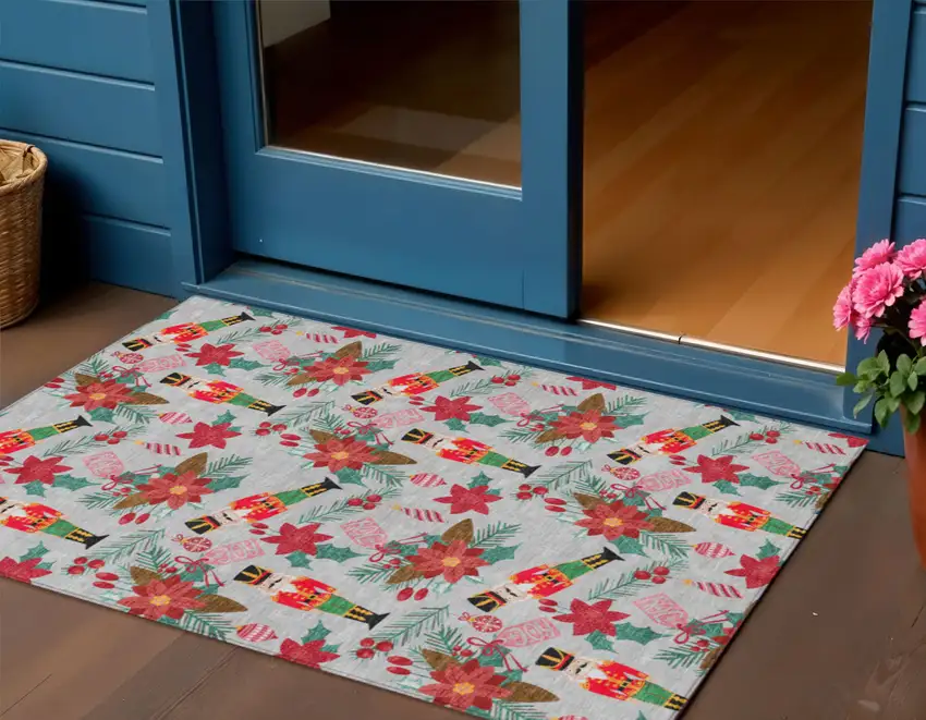 Silver Red Black Pink And Brown Floral Washable Indoor Outdoor Area Rug Photo 1
