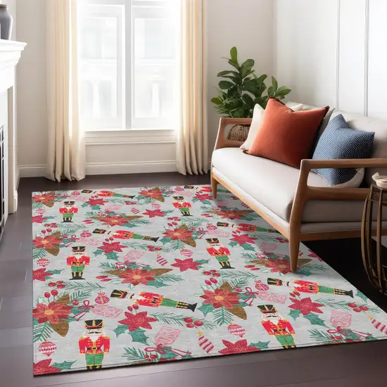 Silver Red Black Pink And Brown Floral Washable Indoor Outdoor Area Rug Photo 5