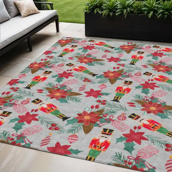 Silver Red Black Pink And Brown Floral Washable Indoor Outdoor Area Rug Photo 1