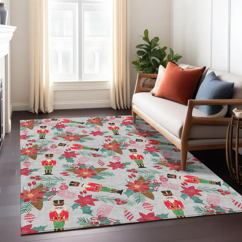 Silver Red Black Pink And Brown Floral Washable Indoor Outdoor Area Rug Photo 5