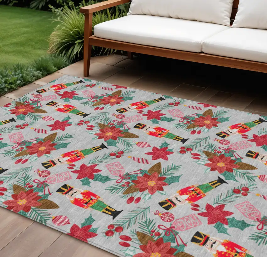 Silver Red Black Pink And Brown Floral Washable Indoor Outdoor Area Rug Photo 1
