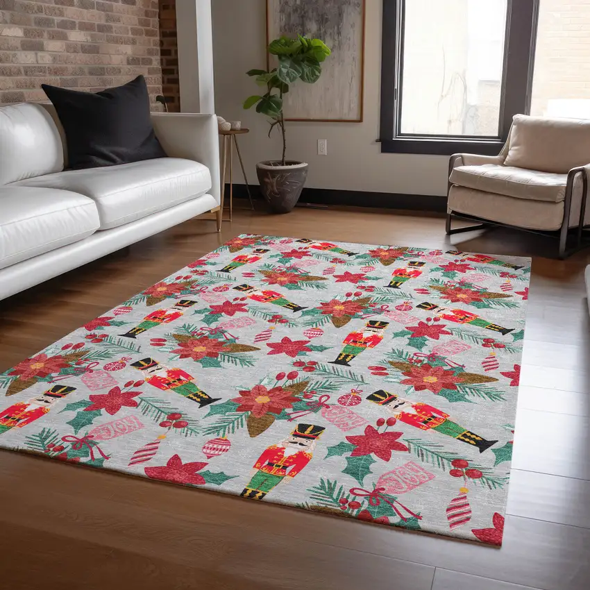 Silver Red Black Pink And Brown Floral Washable Indoor Outdoor Area Rug Photo 5