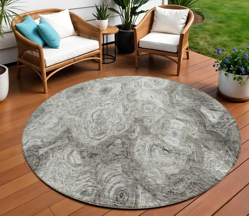 Silver Round Abstract Washable Non Skid Indoor Outdoor Area Rug Photo 1