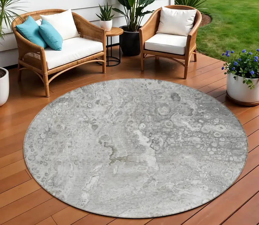 Silver Round Abstract Washable Non Skid Indoor Outdoor Area Rug Photo 1