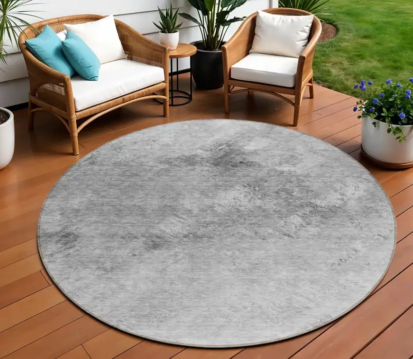 Silver Round Abstract Washable Non Skid Indoor Outdoor Area Rug Photo 1