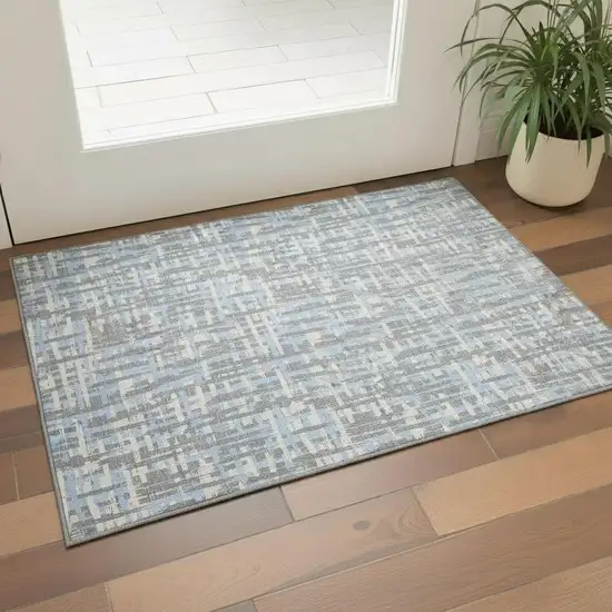 Silver Sky Blue And Ivory Abstract Geometric Washable Area Rug With UV Protection Photo 2