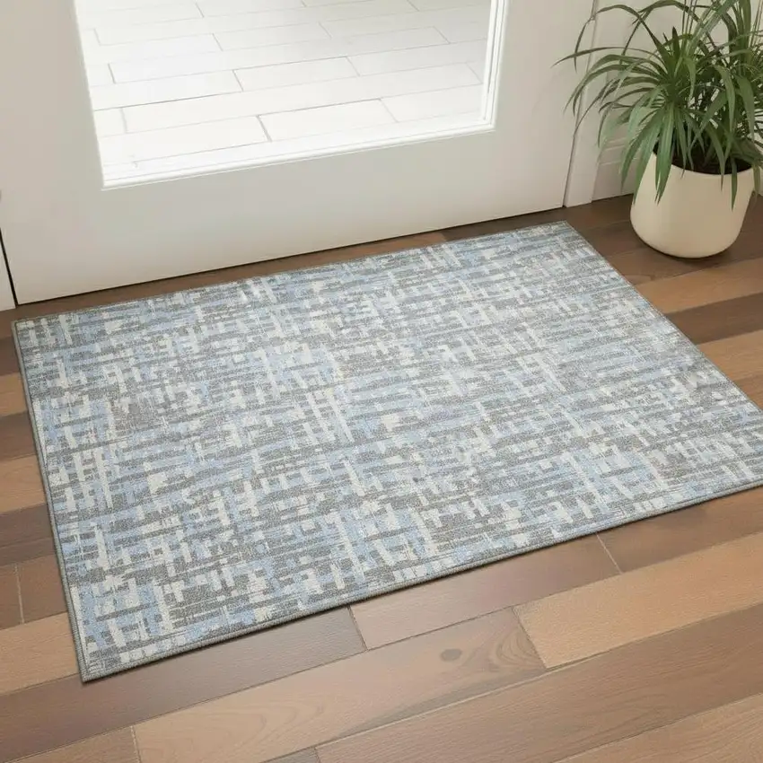 Silver Sky Blue And Ivory Abstract Geometric Washable Area Rug With UV Protection Photo 2