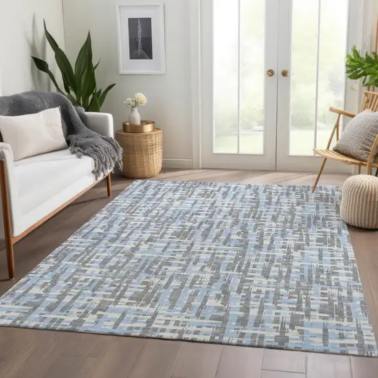 Silver Sky Blue And Ivory Abstract Geometric Washable Area Rug With UV Protection Photo 5